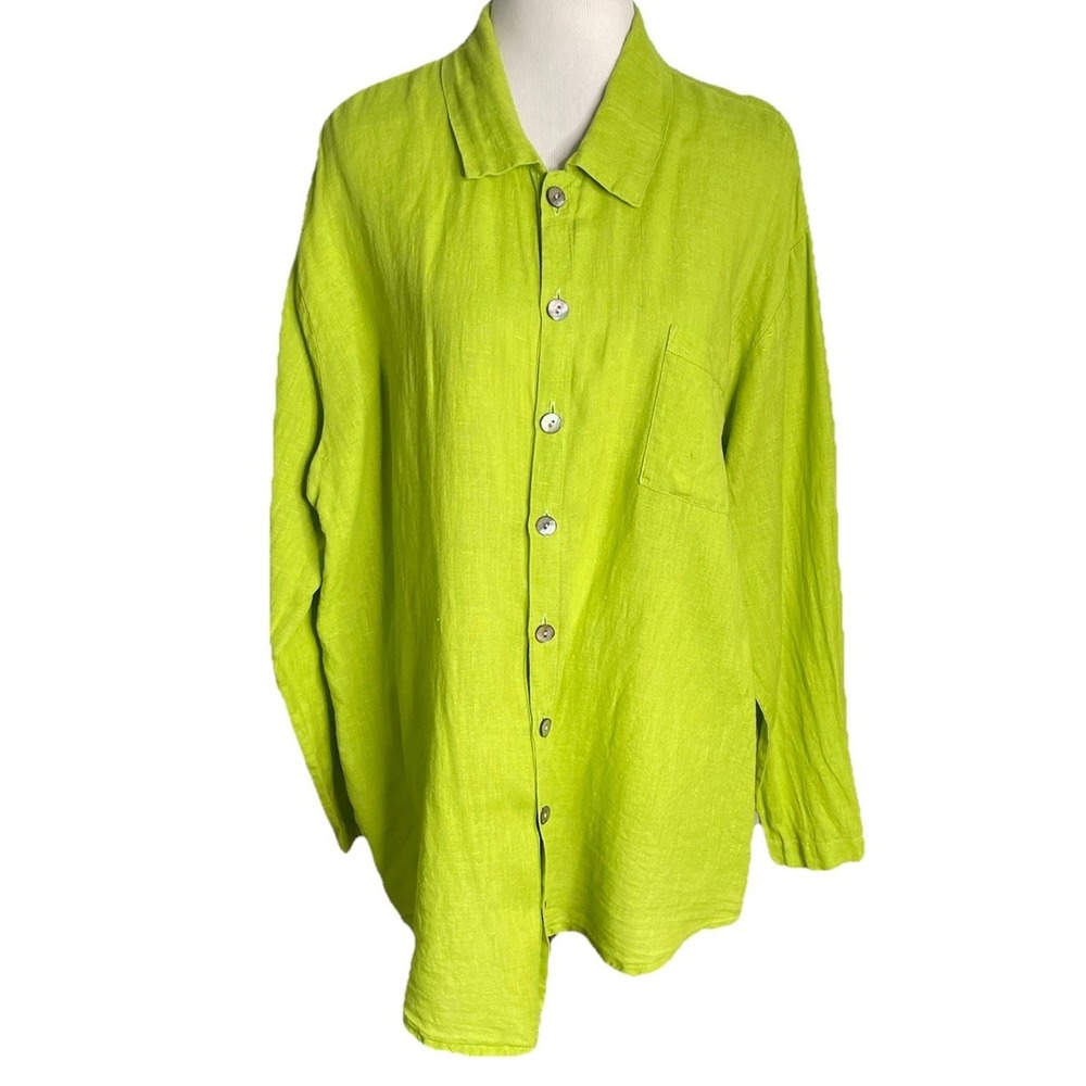 FLAX Linen Tunic Shirt Lime Green Button Up Lagenlook Coastal Longline Medium